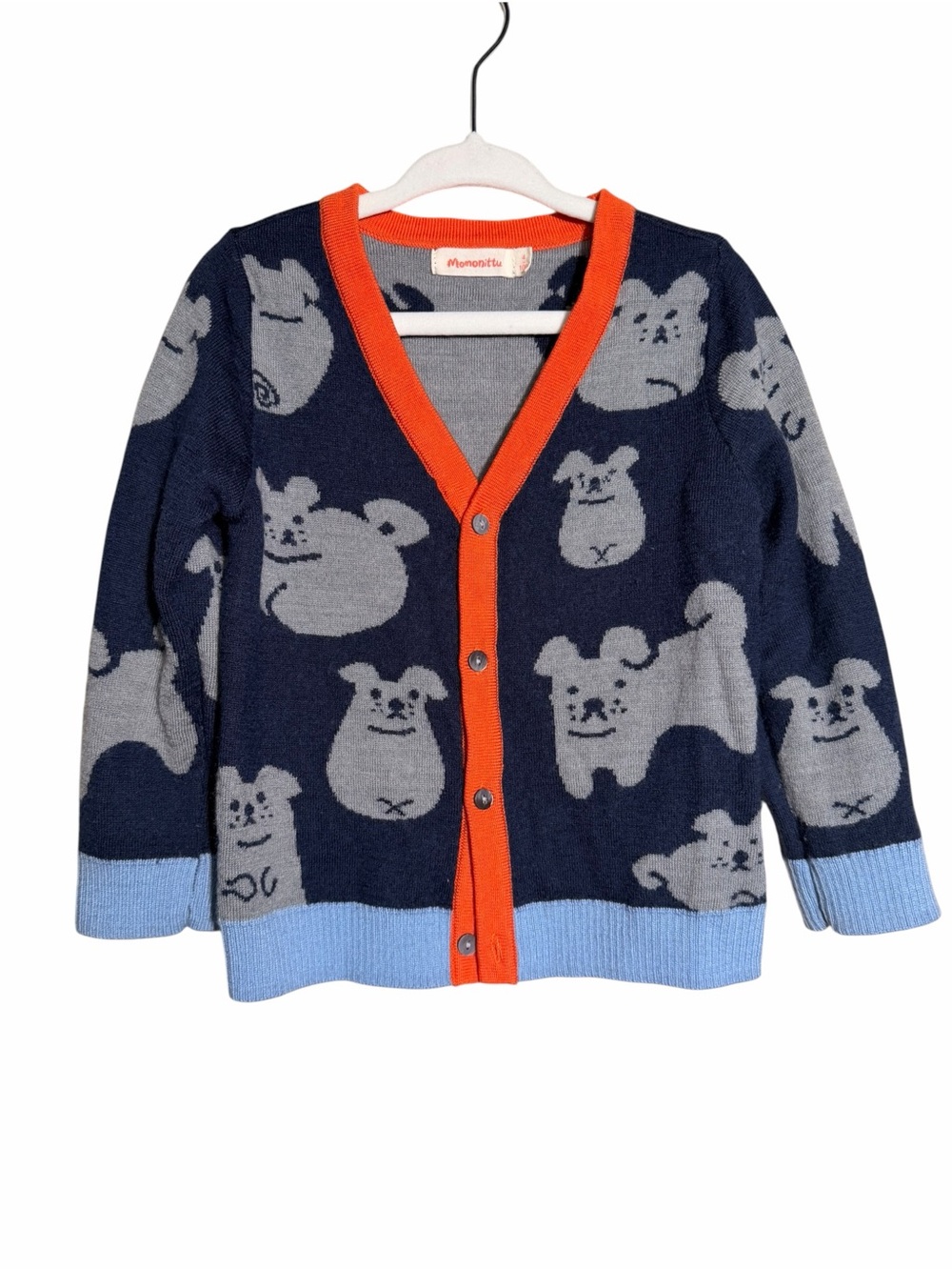 Kids Navy Momonittu Animal Wool Knit Cardigan with Orange Trim